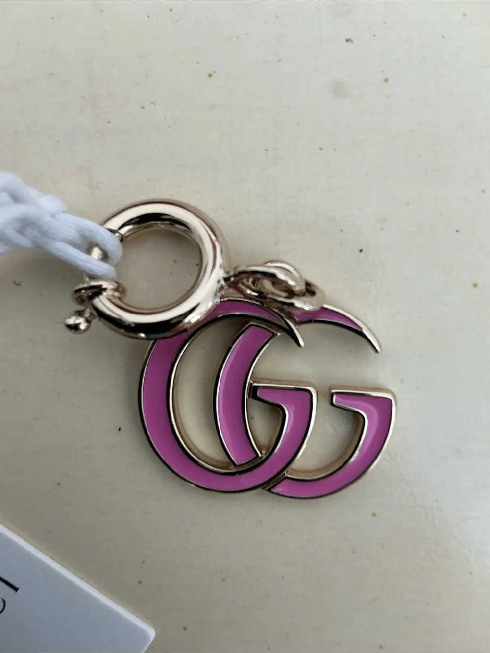 NEW IN BOX GUCCI PINK ENAMEL DOUBLE G LOGO BAG CHARM